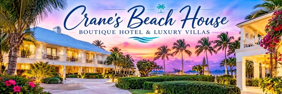 Tropical boutique hotel with white balconies, glowing windows, lush gardens, palm trees, and a colorful pink and purple sunset sky.