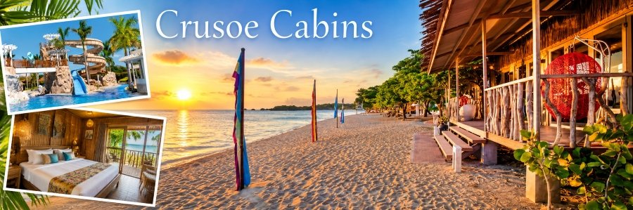 Crusoe Cabins | Beachfront Resort in Calatagan Tropical beachfront cabins at sunset with a sandy shoreline, colorful beach flags, and inset images of water slides and a cozy resort bedroom.