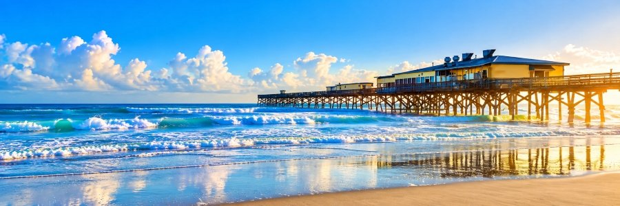 Daytona Beach Shores travel guide banner featuring turquoise Atlantic waves, golden sand, and a scenic pier in nearby Daytona Beach.