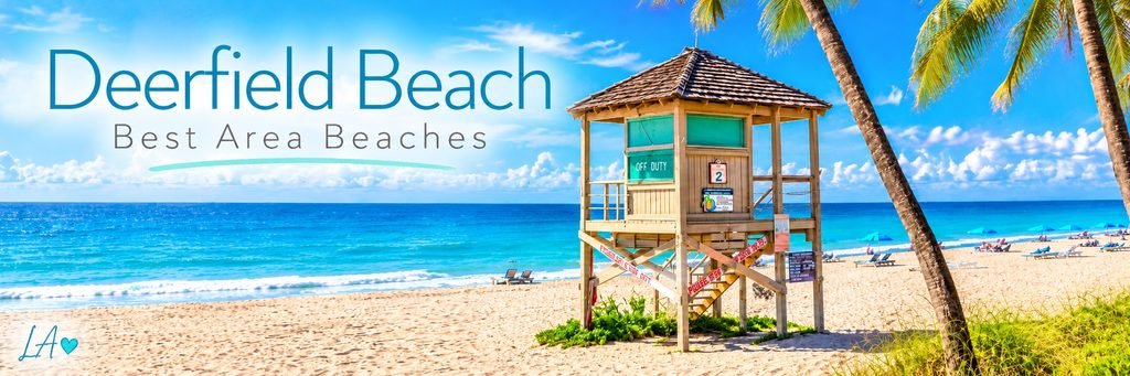 Wooden lifeguard tower on a sunny Deerfield Beach shoreline with turquoise Atlantic waters, golden sand, and palm trees.