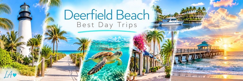 Colorful coastal day-trip collage featuring a lighthouse, palm-lined beach walkway, sea turtle, waterfront boat, shopping street, and ocean pier.