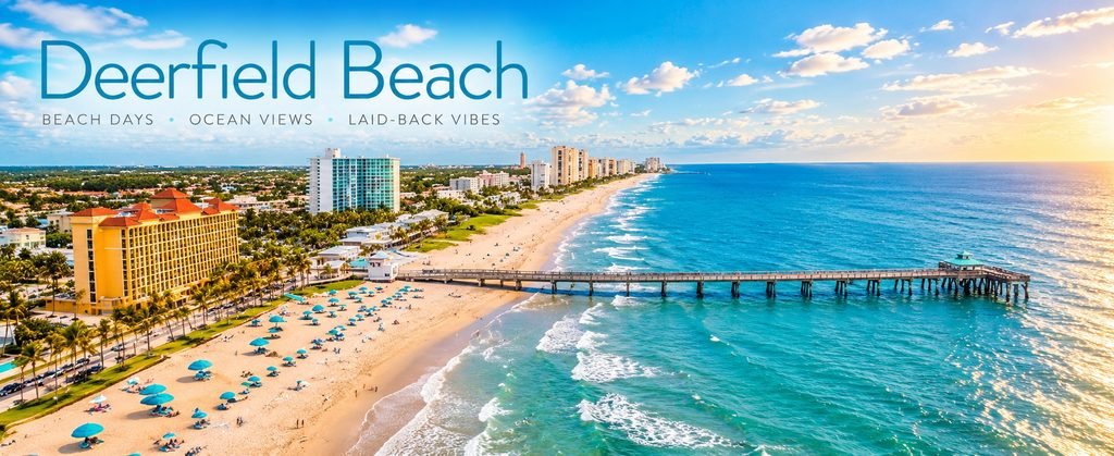 Aerial view of Deerfield Beach fishing pier stretching over turquoise Atlantic waters beside a sandy shoreline and beachfront hotels.