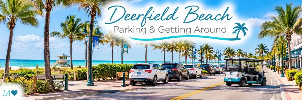 Palm-lined beachfront road with parked cars, an electric shuttle, turquoise Atlantic waters, and a lifeguard tower along the sandy shoreline.