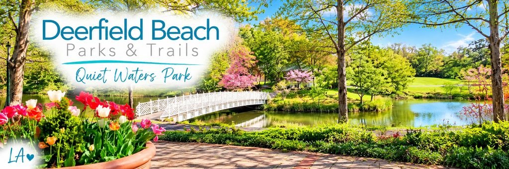 White pedestrian bridge crossing a peaceful pond at Quiet Waters Park, surrounded by flowering trees, colorful tulips, and lush greenery.
