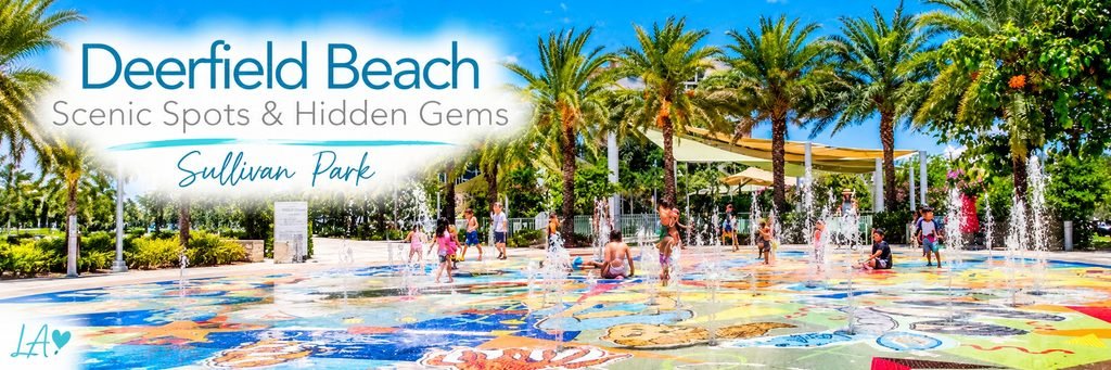 Children enjoying colorful splash fountains at Sullivan Park, surrounded by tropical palm trees, shaded seating areas, and sunny blue skies.