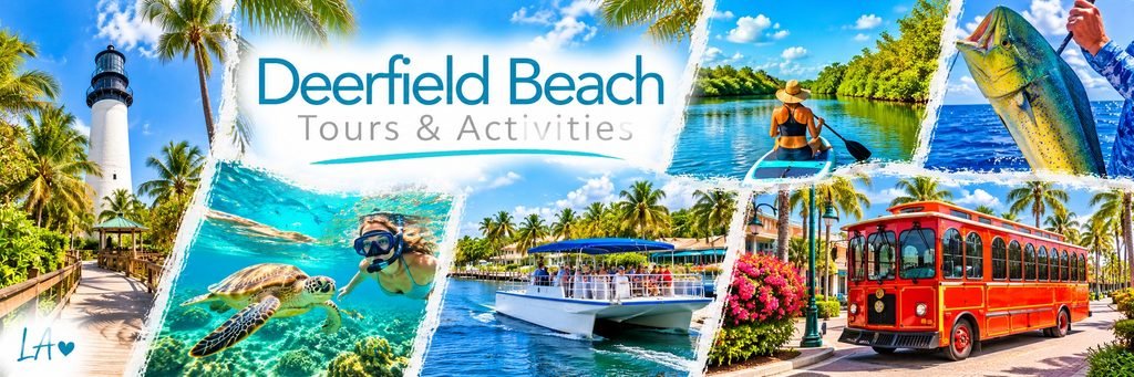 Colorful collage of Deerfield Beach activities featuring snorkeling with a sea turtle, paddleboarding, boat tours, fishing, a lighthouse, and a trolley.