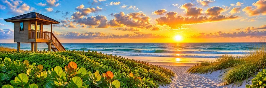 Beaches of Delray Beach Florida Scenic Atlantic coastline with sandy beach, lifeguard stand, sea grapes and colorful sunrise