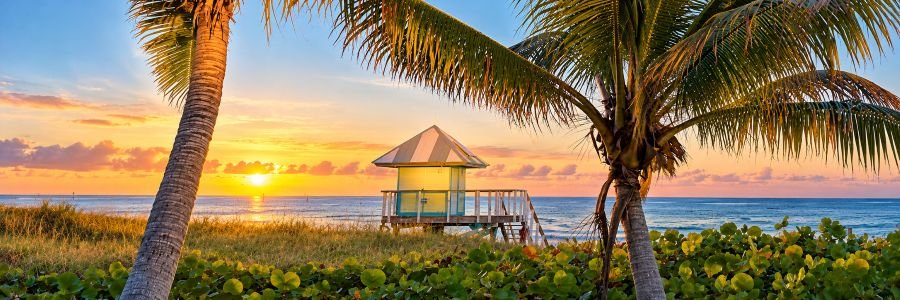 Sunrise over a sandy Atlantic beach with lifeguard stand, sea grapes and coastal dunes