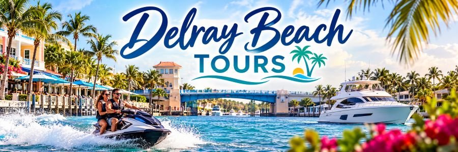 South Florida Tours & Water Adventures Jet ski and luxury yacht cruising along a sunny South Florida waterfront.