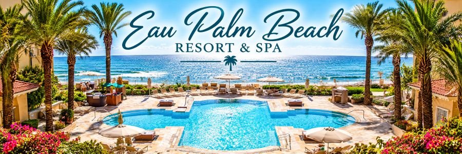 Luxury oceanfront resort pool surrounded by tropical palm trees, elegant lounge chairs, white umbrellas, colorful gardens, and sparkling Atlantic Ocean views.