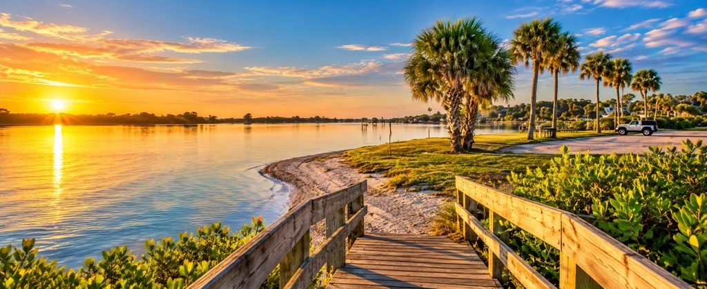 Edgewater Florida | Menard-May Park Waterfront Wooden boardwalk overlooking the Indian River near Menard-May Park in Edgewater, Florida, with palm trees and golden sunset reflections.