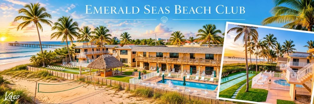 Tropical beachfront resort collage featuring tan buildings, palm trees, a swimming pool, tiki hut, sandy shoreline, and oceanfront pier.