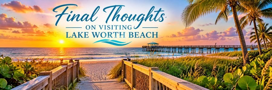 Sunset over Lake Worth Beach, Florida, featuring golden skies, a wooden beach boardwalk, palm trees, sandy dunes, and the Lake Worth Pier.