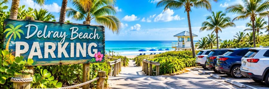 Florida Beach Parking Guide Beach parking area with palm trees, parked cars, sandy beach access and Atlantic Ocean views
