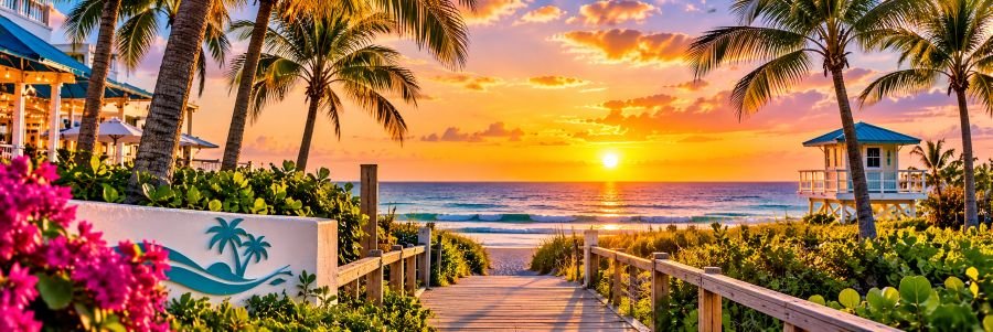 South Florida Coastal Sunset Tropical beach boardwalk surrounded by palm trees and coastal greenery at a colorful Atlantic Ocean sunset