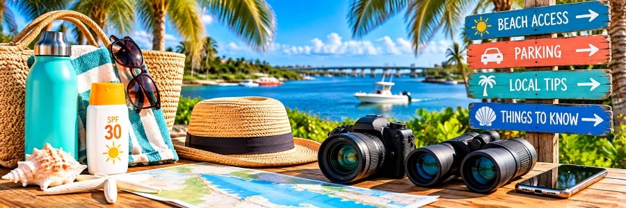 Florida travel essentials including sunscreen, sunglasses, a beach bag, camera, binoculars, and map overlooking a sunny tropical waterfront.