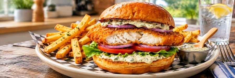 Crispy Florida grouper sandwich with lettuce, tomato, red onion, creamy tartar sauce, and seasoned fries.