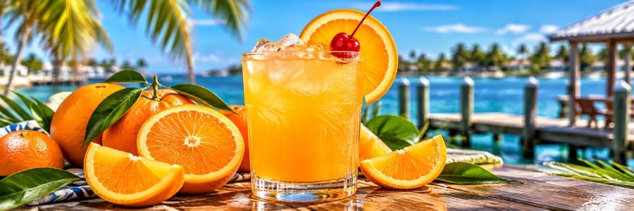 Florida Orange Crush cocktail with fresh orange slices, crushed ice, and a cherry garnish overlooking a sunny tropical waterfront.
