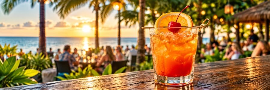 Tropical cocktail at a Florida beach bar with palm trees and ocean views