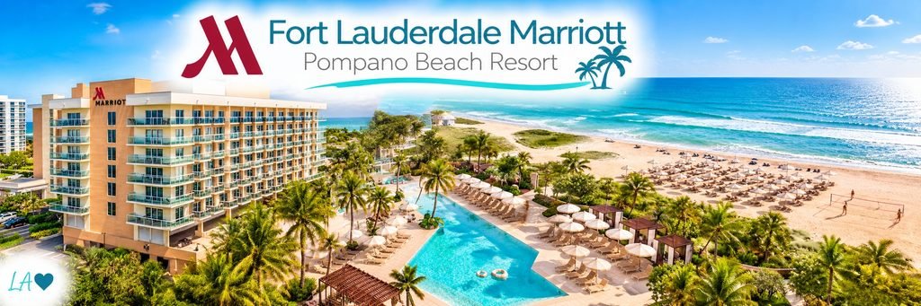Fort Lauderdale Marriott Pompano Beach Resort overlooking a turquoise swimming pool, palm trees, beach umbrellas, and the Atlantic Ocean.