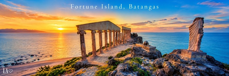 Fortune Island Batangas Greek-inspired columns overlooking the turquoise sea at sunset