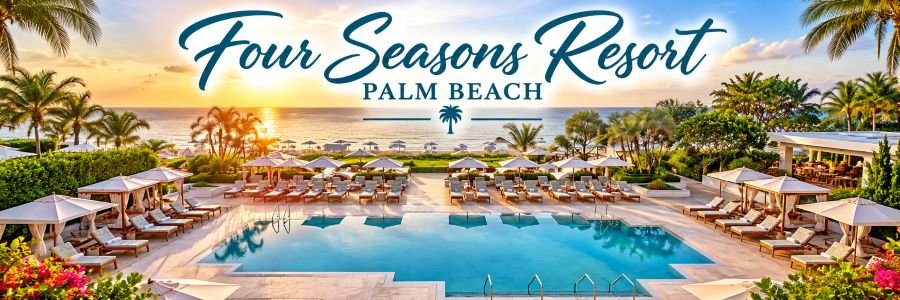 Luxury oceanfront resort swimming pool surrounded by elegant white cabanas, lounge chairs, tropical palm trees, and beautiful Atlantic Ocean views.