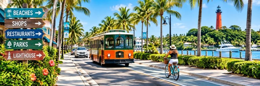 Getting around with a trolley, cars, bicycle, palm-lined streets, waterfront views, and the lighthouse.