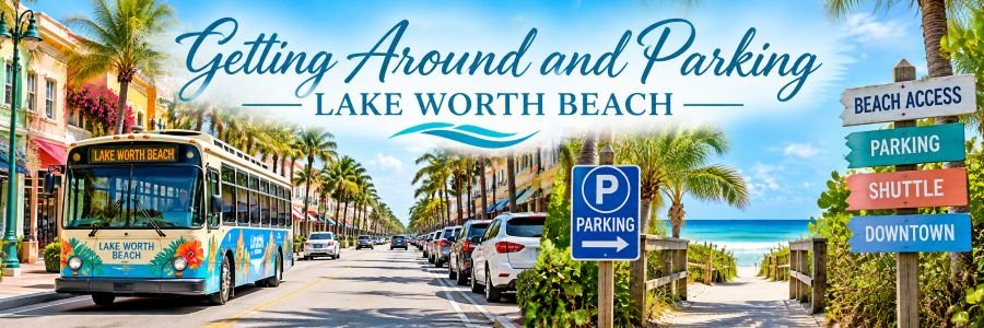 Getting around and parking in Lake Worth Beach, Florida, featuring a palm-lined downtown street, local transportation, parking signs, and beach access.