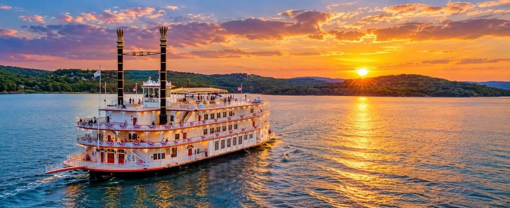 Showboat cruising across Table Rock Lake near Branson at sunset with forested Ozark hills in the background