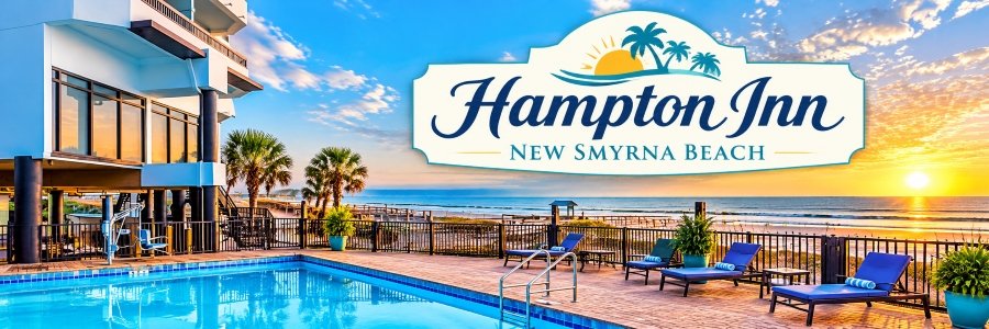 Hampton Inn New Smyrna Beach | Florida Hotel swimming pool with blue lounge chairs, tropical palm trees, and a colorful sunset over the Atlantic Ocean.