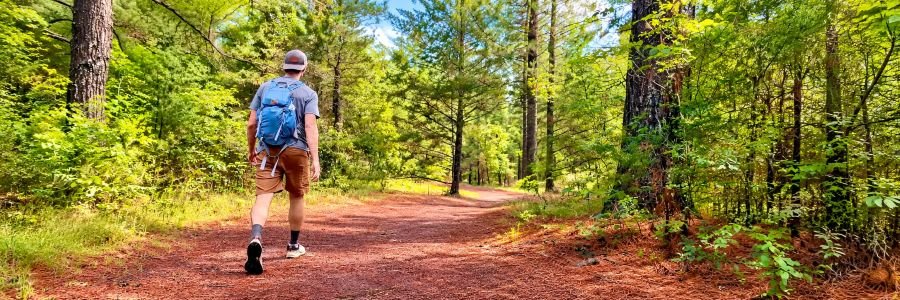 Hiker walking along a forest trail in the Ozarks near Branson and Table Rock Lake