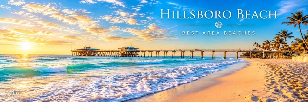 Hillsboro Beach best area beaches banner featuring Deerfield Beach Pier, turquoise ocean waves, golden sand, and tropical palm trees.