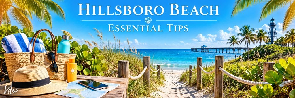 Sunny tropical beach scene featuring a straw hat, beach bag, sunscreen, sunglasses, striped towel, turquoise ocean, palm trees, and sandy boardwalk.
