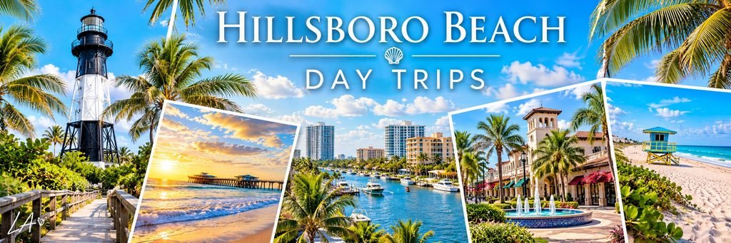 Hillsboro Beach day trips collage featuring a coastal lighthouse, sandy beaches, fishing pier, waterfront marina, and tropical Florida scenery.