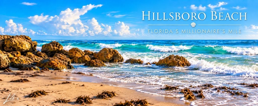 Hillsboro Beach Florida hero banner featuring turquoise Atlantic waves, rocky shoreline, blue skies, and Millionaire's Mile lettering.