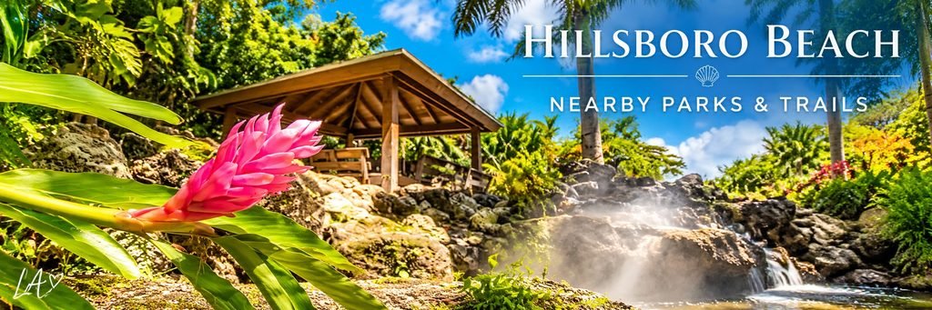 Nearby parks and trails banner featuring pink tropical flowers, a wooden gazebo, lush greenery, and a misty waterfall inspired by Deerfield Beach Arboretum.