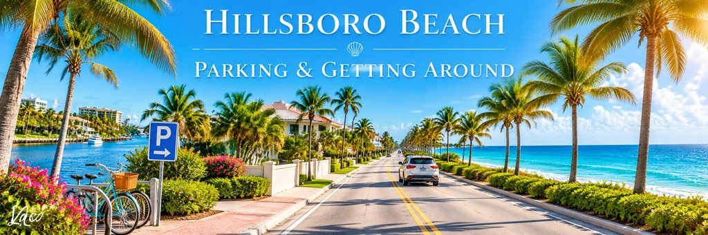 Sunny coastal road lined with palm trees, tropical flowers, bicycles, waterfront homes, turquoise ocean views, and a blue parking sign.