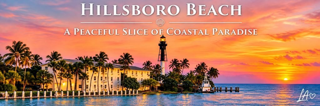 Glowing coastal lighthouse surrounded by palm trees and waterfront buildings beneath a brilliant pink and orange sunset, with calm blue water in the foreground.