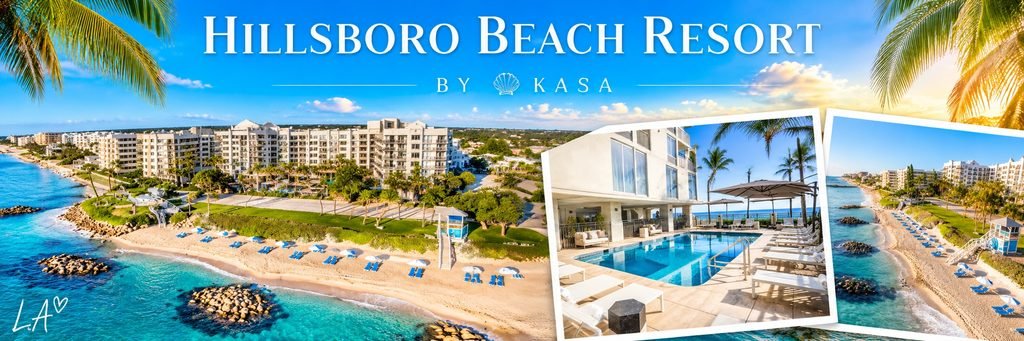 Coastal resort collage featuring white beachfront buildings, turquoise ocean water, blue beach loungers, a swimming pool, and tropical palm trees.