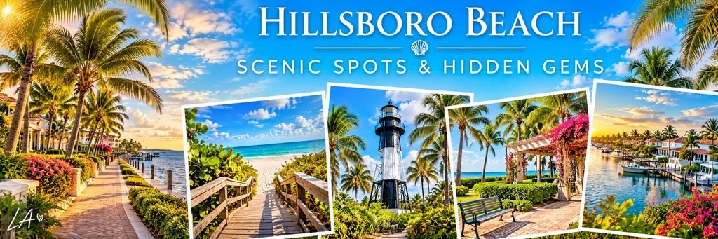 Scenic spots collage featuring a coastal lighthouse, sandy beach boardwalk, tropical gardens, palm trees, and waterfront homes.