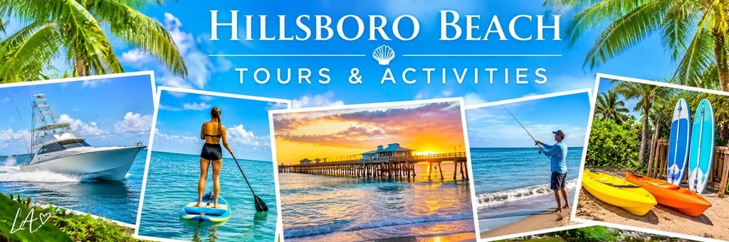 Area tours and activities collage featuring a fishing charter, paddleboarding, sunset pier, beach fishing, and colorful kayaks.