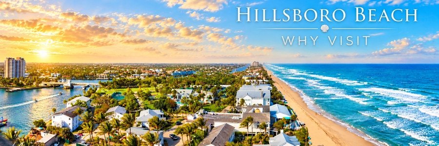 Aerial view of Hillsboro Beach with turquoise Atlantic waves, sandy shoreline, waterfront homes, palm trees, and a golden sunset sky.