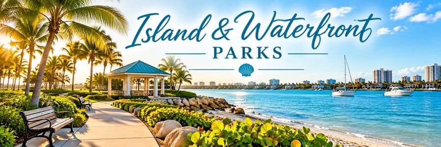Tropical waterfront park with palm trees, a scenic walking path, shaded pavilion, and turquoise water along Florida's coast.