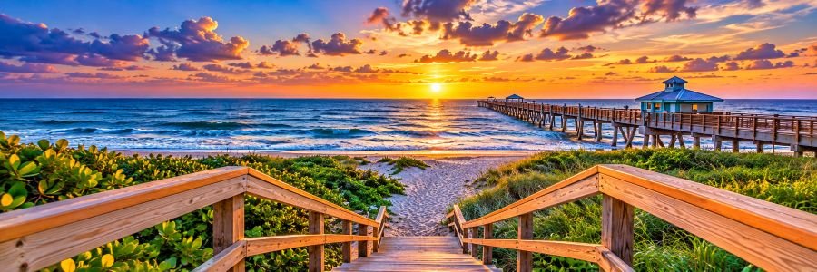 Juno Beach Pier with wooden beach access, Atlantic Ocean and colorful sky