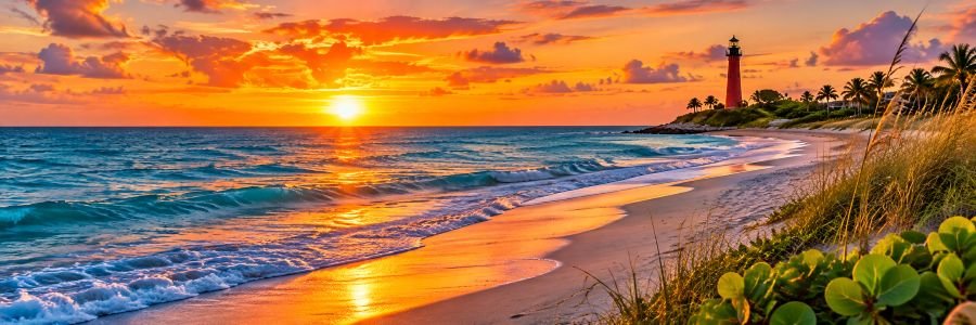 Colorful sunset over Jupiter Beach with ocean waves, golden reflections, coastal dunes, and the Jupiter Inlet Lighthouse.