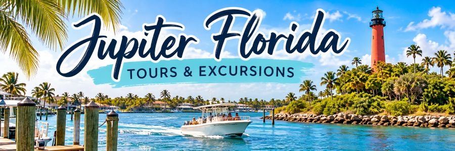 Jupiter Florida waterway with a sightseeing boat, palm trees, and the Jupiter Inlet Lighthouse.