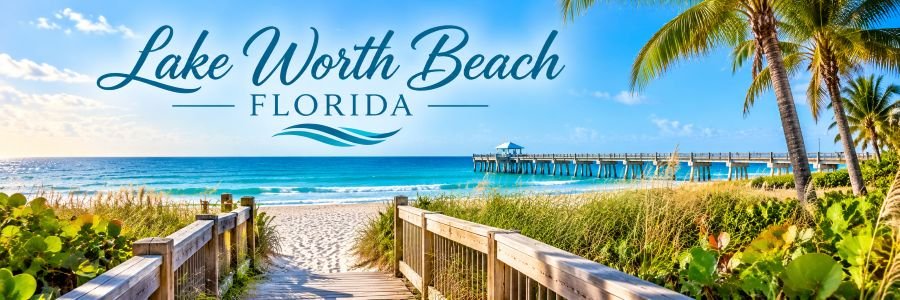 Lake Worth Beach Florida banner featuring a sandy beach, wooden boardwalk, turquoise Atlantic Ocean, palm trees, and the Lake Worth Pier.