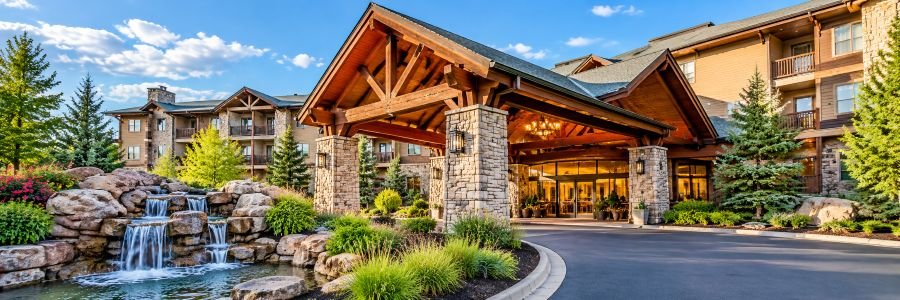 Lodge of the Ozarks style resort with stone entrance, landscaped grounds, and waterfall