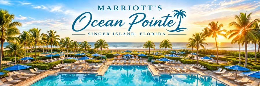 Marriott's Ocean Pointe beachfront resort in Palm Beach Shores, Florida, featuring a turquoise swimming pool, tropical palm trees, blue umbrellas, and Atlantic Ocean views.