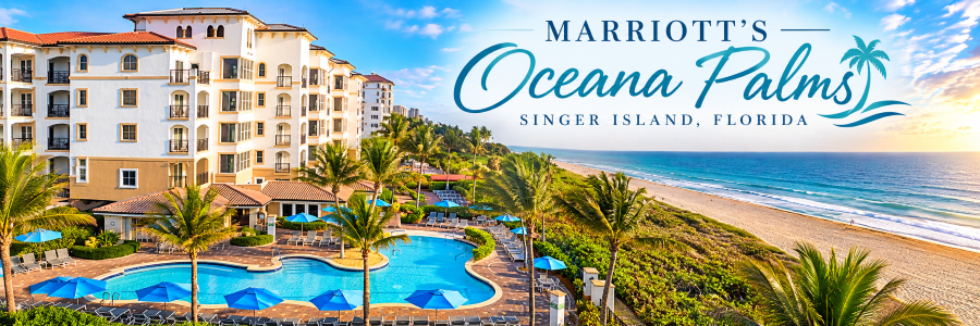 Marriott's Oceana Palms beachfront resort on Singer Island, Florida, featuring a tropical swimming pool, palm trees, and Atlantic Ocean views.